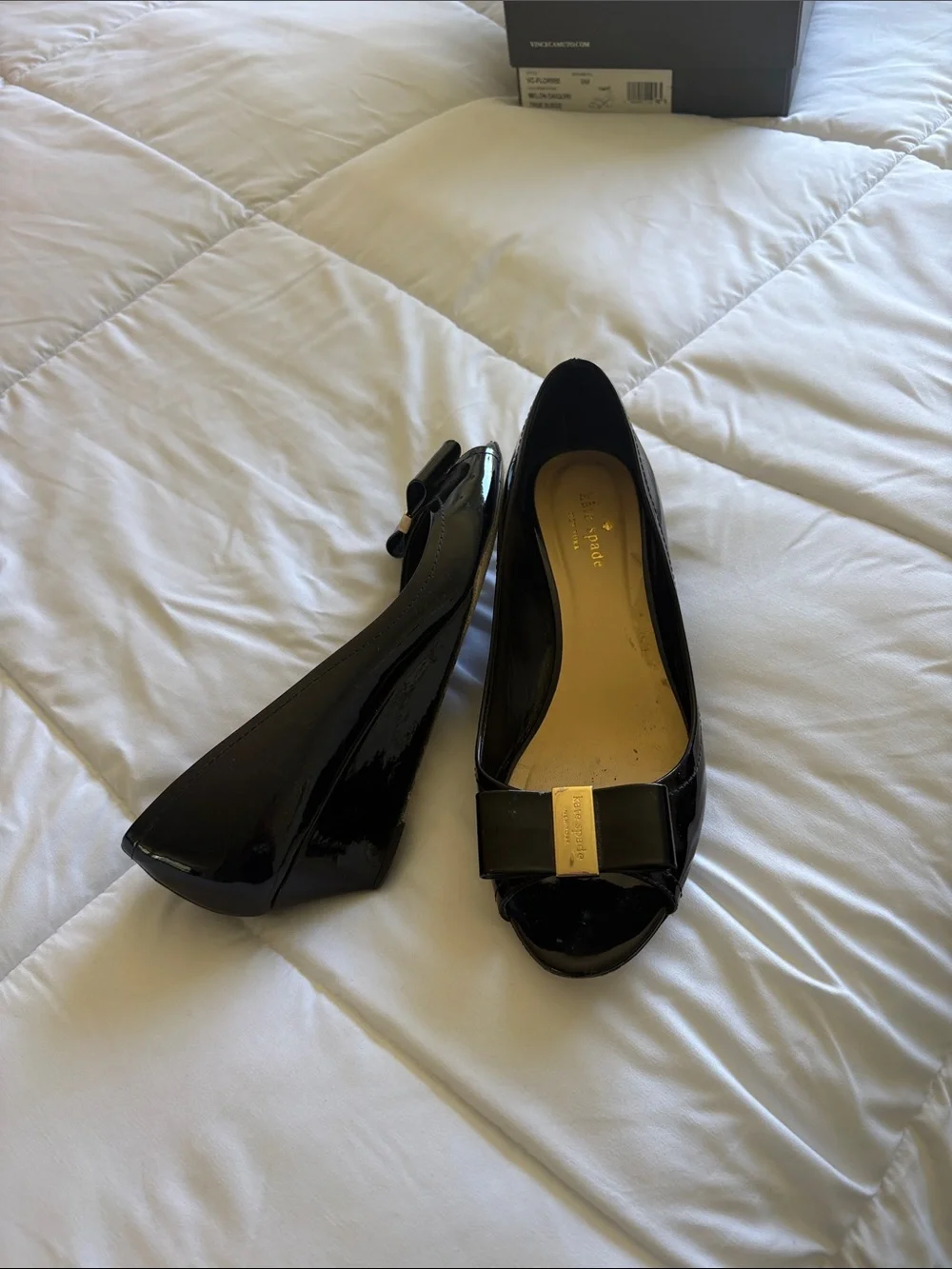 kate spade Black Patent Leather Bow Peep-Toe Wedges